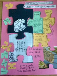 Photo of a handmade poster for the White Antiracism Pancake Brunch